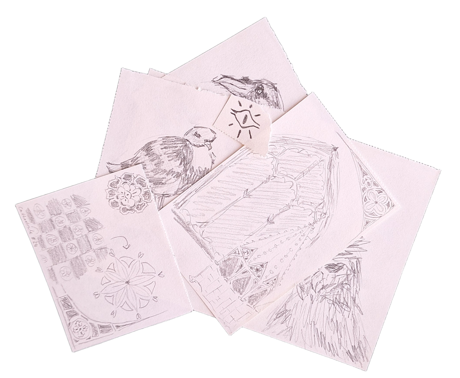 A stack of pencil sketches